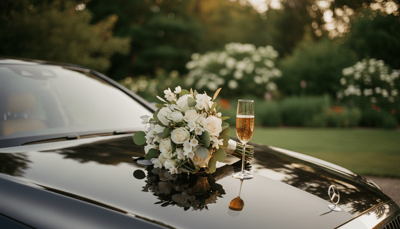 Bridal bouquet resting on hood of a black luxury car