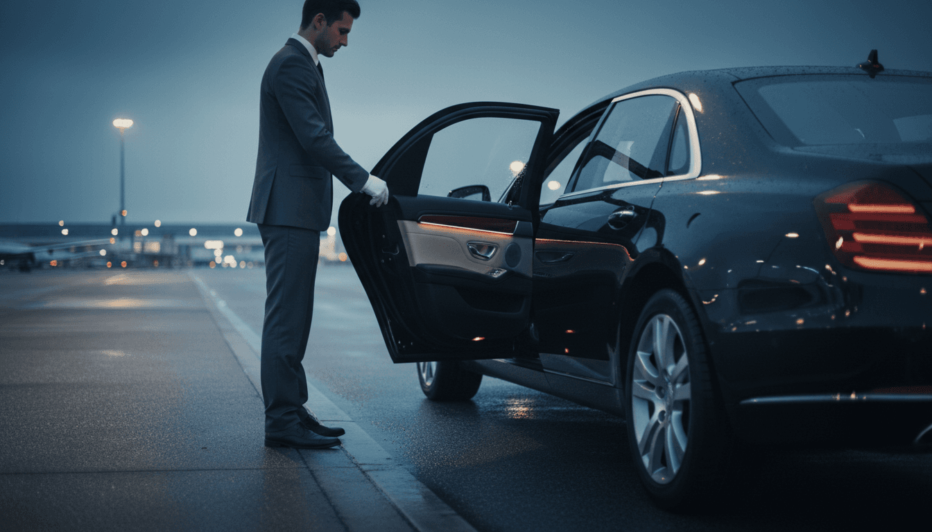A dark, dramatic editorial aesthetic medium shot of a chauffeur in a tailored suit holding a passenger door open beside a luxury black sedan at a curb.