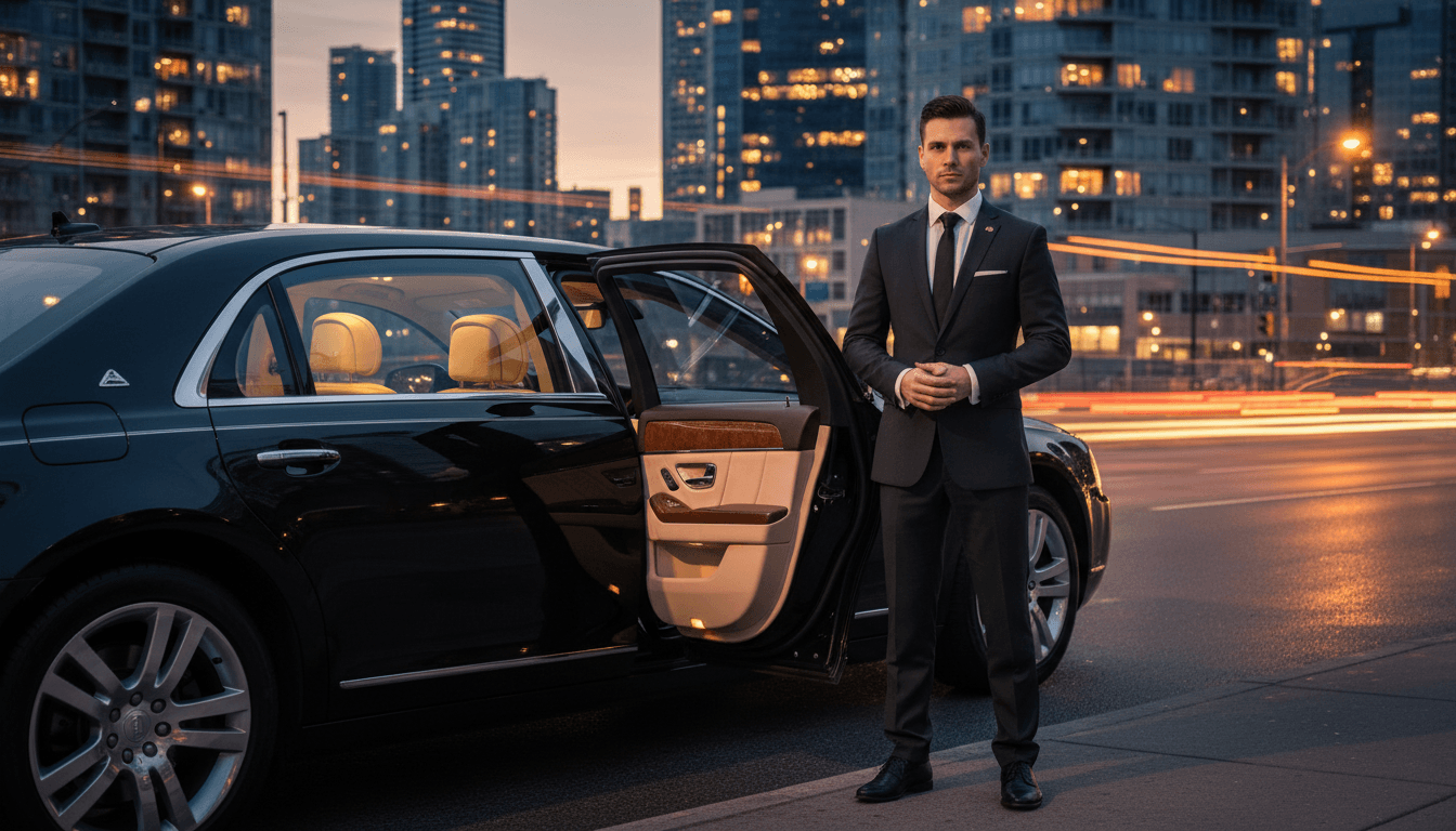 A chauffeur in a dark suit holds the door open beside a luxury black sedan in Toronto at dusk.