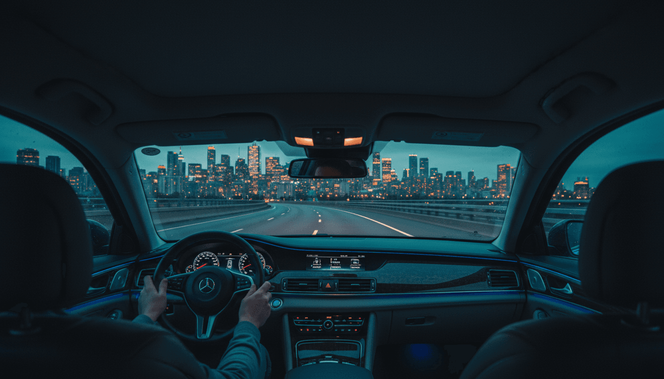 Interior view of luxury car driving with Toronto skyline in background