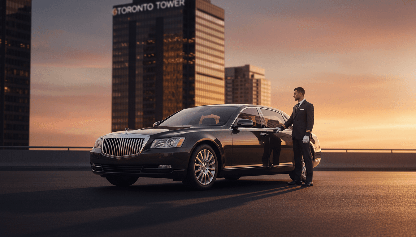 Chauffeur standing beside luxury sedan outside a glass office tower