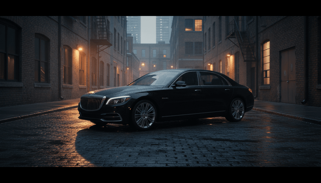 Luxury black sedan parked in a rain-slicked downtown alley at dusk with warm city reflections